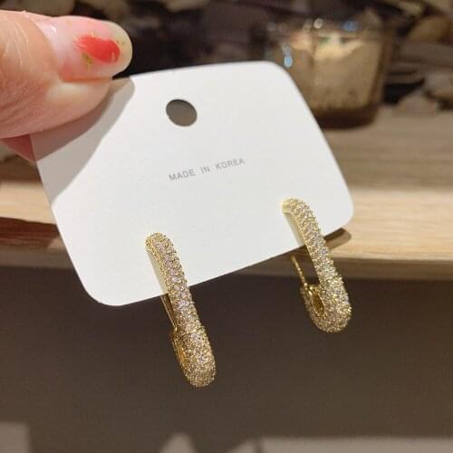 Punk Gold Rhinestone Safety Pin Stud Earrings Crystal Paper Clip Geometric Earrings for Women