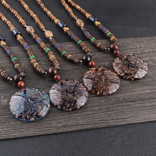 Simple Ethnic Glazed Glass Pendant, Safety Buckle Sweater Chain Long Wooden Necklace ,Womens Retro Vintag Nepal Pendant