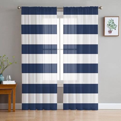 Blue And White Stripes Simple Tulle Window Curtain for Living Room Modern Sheer Curtain for Bedroom Kitchen Drapes Custom