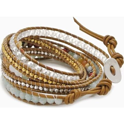 Clear crystal mix amazonite leather bracelet with thin thread