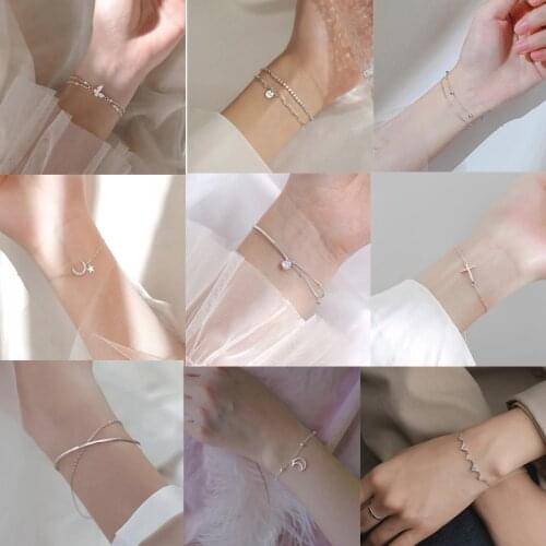 925 Sterling Silver Double Layer Crystal Star Moon Cross Charm Bracelet & Bangle Elegant Women Party Jewelry sl121