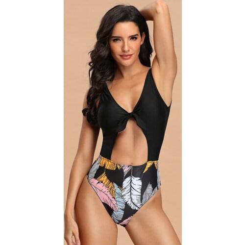 Black Print Leaf One-piece Backless Swimsuit Women Sexy Cutout Monokini Bathing Suits 2021 New Girl Beach Swimwear SW455