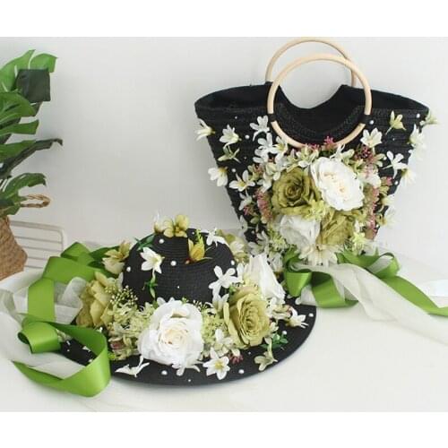 New Straw Bag for Women Green ribbon Rattan Beach Bags Travel Vacation Handmade Flowers Handbag with Flower Sun Hat