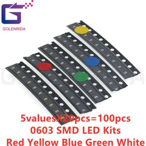 5valuesX20pcs=100pcs 0603 SMD LED Kits Red Yellow Blue Green White 5 colors each 20pcs electronic diy kit