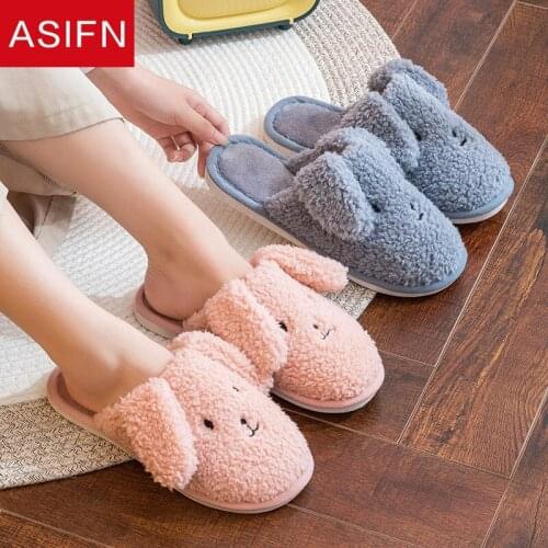 ASIFN Winter New Cartoon Womens Slippers Plush Cute Rabbit Ears Women Fur Slipper Warm Indoor Faux Fur Flat Ladies Cotton Shoes