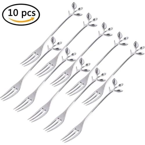10 Pcs Stainless Steel forks,Vintage Royal Leaf Handle Dessert Appetizer Bistro Cake Fruit forks, Party favors SILVER