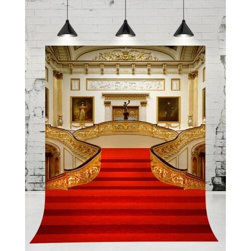 VinylBDS Red Carpet Stairs Event Backdrop Gorgeous Carved Railing Wedding Background White Brick Wall Backdrop for Photocall