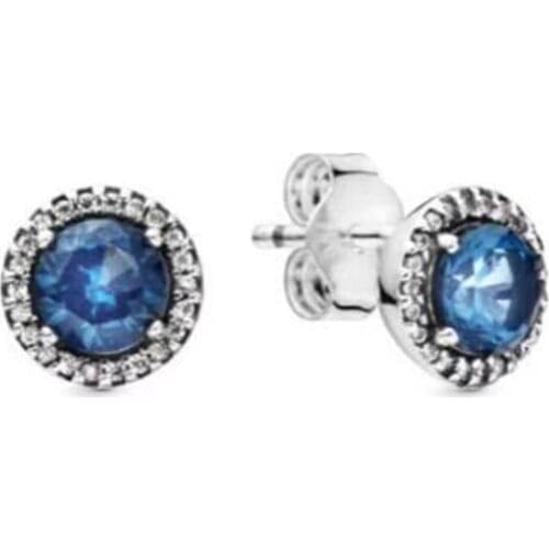 Pandora Earrings 100% 925 Sterling Silver Blue Round Sparkle Earrings For Fashion Women Jewelry Gift