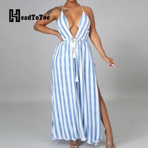 Striped Backless Open Front Halter Long Tops & Shorts Set Summer Women Two Piece Set