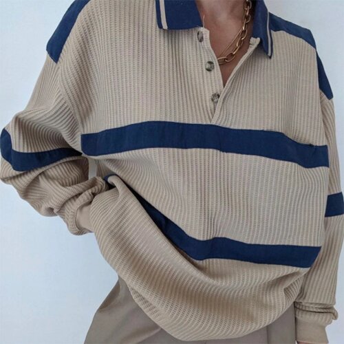 B-TOTO American Retro Beige Knit Polo Shirt Striped Sweater Loose And Lazy 2021 New Fashion