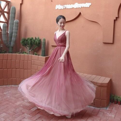 Beauty-Emily Elegant Luxury Evening Dresses Long V neck 2020 New Sexy Backlace Party Dress High-end Prom Gowns Pearls Sparkling