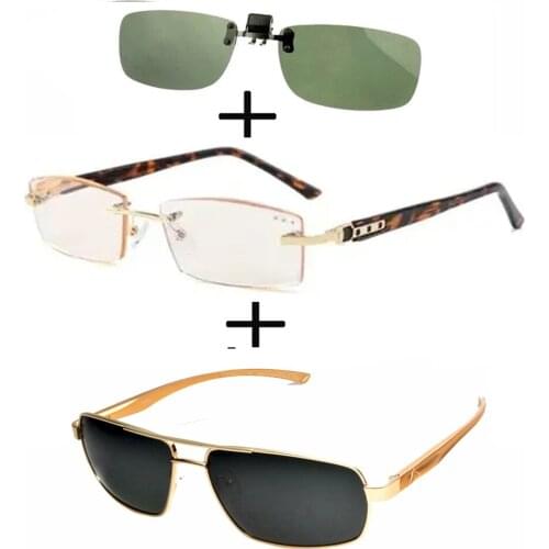 3Pcs!!! Titanium Gentleman Diamond Cut Reading Glasses Men Women + Polarized Sunglasses Pilot Luxury Alloy + Sunglasses Clip