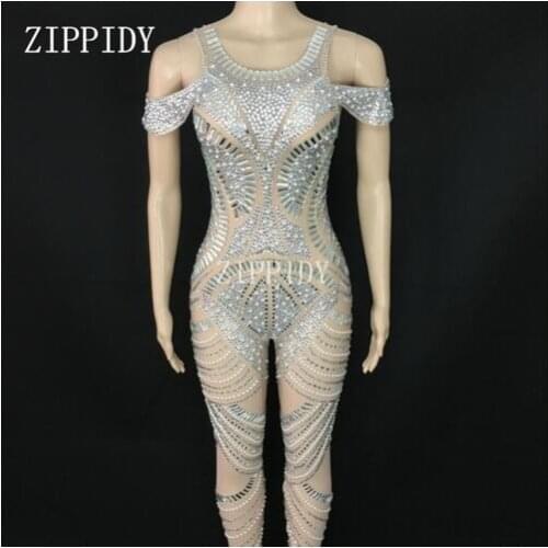 Flashing Silver Rhinestones Mesh Jumpsuit Birthday Outfit Nightclub Party Celebrate Dance Female Singer Show See Through Outfit