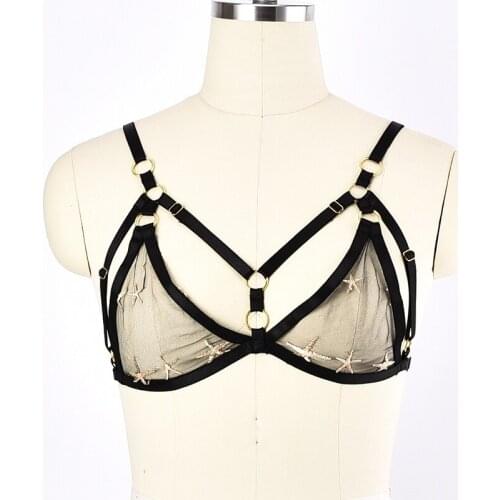 Punk Harness Bra Embroidery Mesh Sexy Lingerie Perspective Bondage Body Harness Belt Gold Ring Elastic Adjust Cage Bra