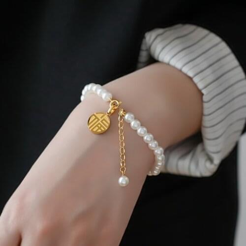 Wrist Chain for Women Chinese Fu Good Fortune Happiness Blessing Natural Freshwater Pearl Stainless Steel Jewelry Gift(GB445)