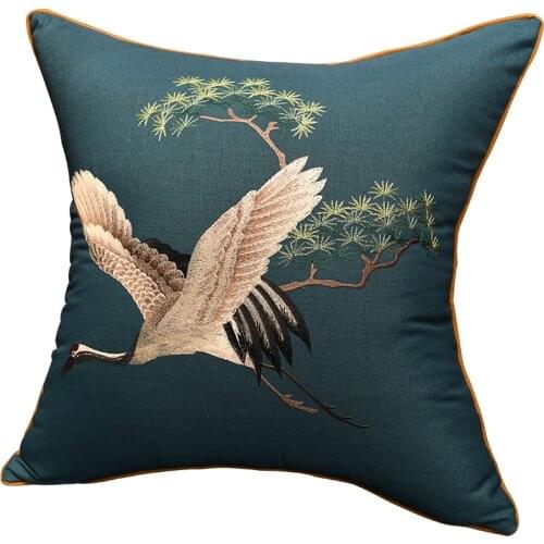DUNXDECO Cushion Cover Decorative Pillow Case Vintage Chinese Traditional Classical Crane Linen Cotton Vivid Embroidery Coussin