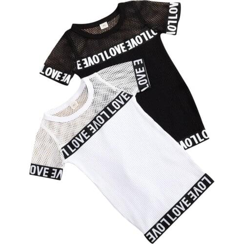 Children Summer Fishnet Dresses Kids Baby Girls Short Sleeve Letter Print Knitted Dress Holiday Party Casual Dresses for Girls