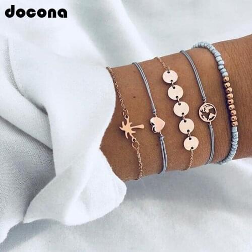 Docona Fashion Boho Beads Bracelet Coin Map Heart Coconut Tree Shape Bracelet Set for Women Bangle Sets Jewelry 5pcs/1set 6668