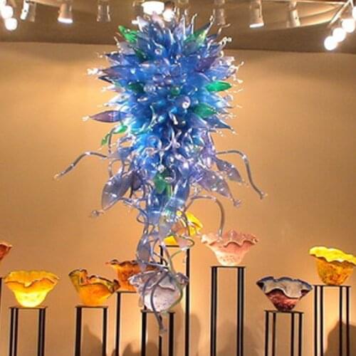 Blown Glass Art Chandelier Blue and Few Green Color Home Decor LED Hanging Pendant Lights for Showroom