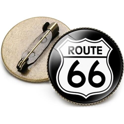 Classic US Route 66 Brooch Bag Shirt Lapel Pins Glass Cabochon Pattern Alloy Brooches for Men Women Gift Decoration