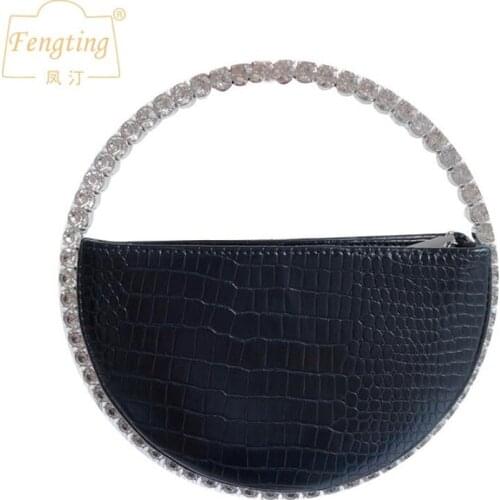 Circular Evening Bag Womens Dinner Clutch Purse 2020 New Round Handle Rhinestone Diamond Ladies Half Moon Handbag black FTB286