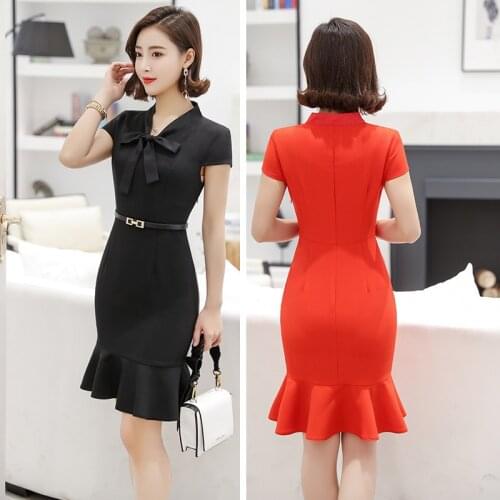 IZICFLY Summer New Korean Style Fashion Bow Elegant Office Slim Business Mermaid Dress Plus Size Ladies Work Wear-NO Belt