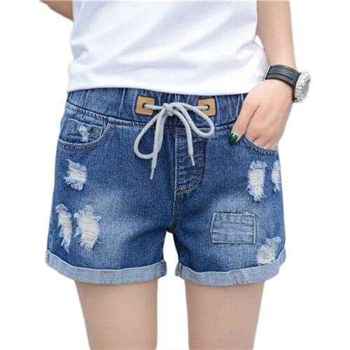 Summer women high waist elastic hole denim shorts loose plus size wide leg casual shorts