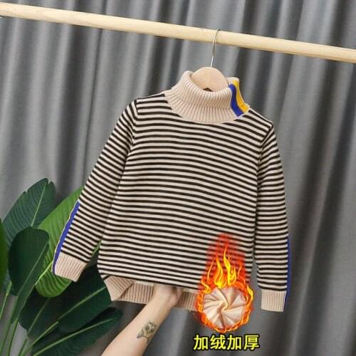 INS HOT Baby boys sweater 4-13 years autumn and winter thick velvet High collar stripes knitting outwear Fashion Korean tops