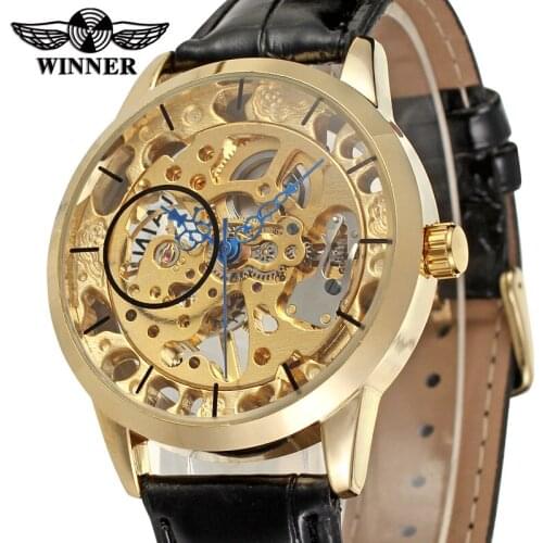 Winner Mens Watch Luxury Brand Casual Business Style Leather Strap Transparent Skeleton Dial Mens Watch Relogio Male Montre