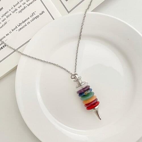 7 Colors Chakras Pendulum Dowsing Natural Stone Pendant Necklace Wheels of Life Stainless Steel Necklace for Men Women