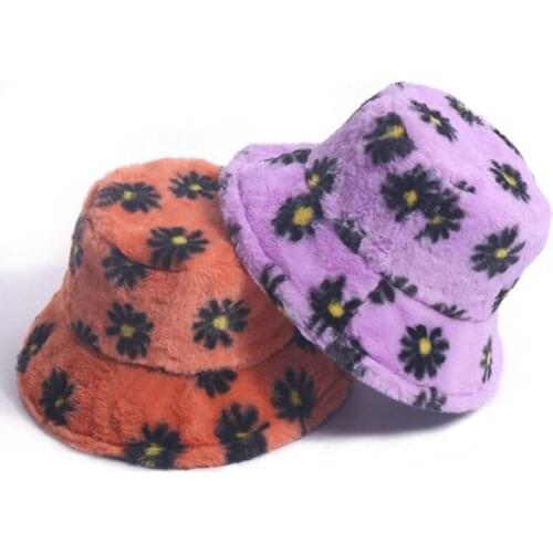 Fisherman hat rabbit fur small daisy pattern thick winter small brim fisherman hat men and women basin hat панама
