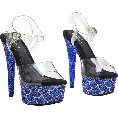 Leecabe 15CM/6Inch Blue Glitter Womens Platform Sandals party High Heels Shoes Pole Dance Shoes