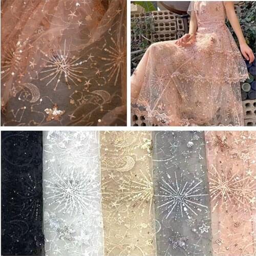 135cm Wide Stars Moon Sequined Net Gauze Perspective Cloth Dress Mesh Embroidery Lace fabric Wedding Dress Decoration Meterial