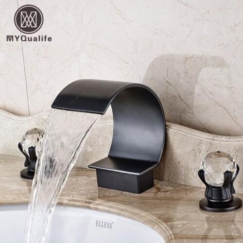 Modern Crystal Two Handles Bathroom Sink Faucet Deck Mounted Waterfall Bath Spout Mixer Taps
