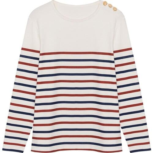 Women Cotton Contrast Striped Long Sleeve T-Shirt Features One Shoulder Button Closured - 2019 Newest Ladies Stripe Tees Top