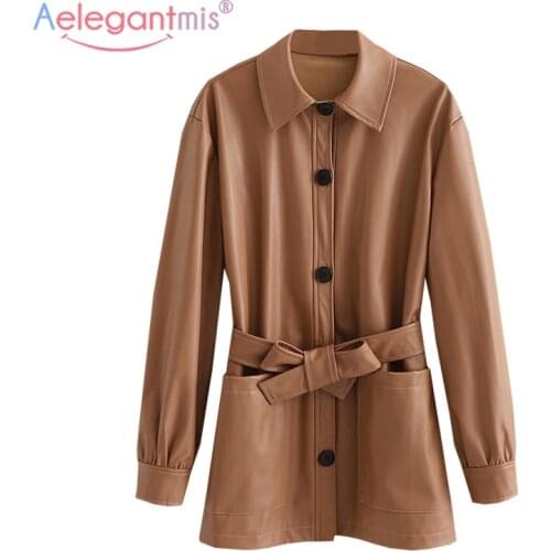 Aelegantmis Faux Leather Jacket Women with Belt Korea Loose Vintage Motorcycle Long PU Jacket Female Elegant Casual Outwear Chic