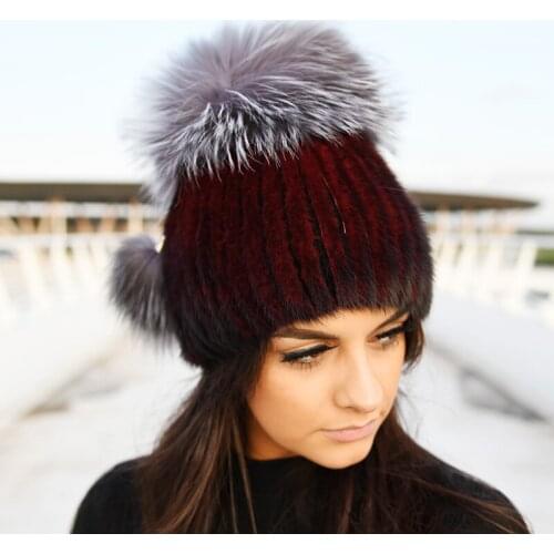 Free Shipping CX-C-56D Women Winter Silver Fox Fur Pom Pom Real Mink Fur Hats