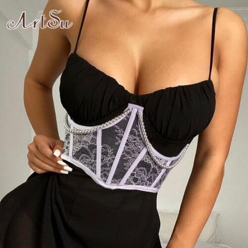 ArtSu Mesh Corset Top Summer Women Pearl Sexy White Lace Bandage Vest Party See Thought Short Wrap Lace Up Crop Tops VE52825