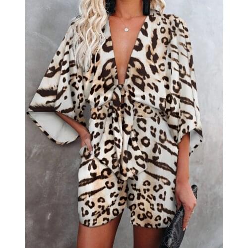 Women Leopard Pattern Print Loose Lace-up Playsuit Spring Autumn V-neck Romper Ladies Short Jumpsuit Rompers Playsuits