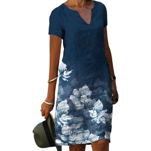 Vintage Floral Print Womens Dress Summer Short Sleeve A-line Dress Streetwear Casual V-neck Loose Ladies Dress Autumn Vestidos