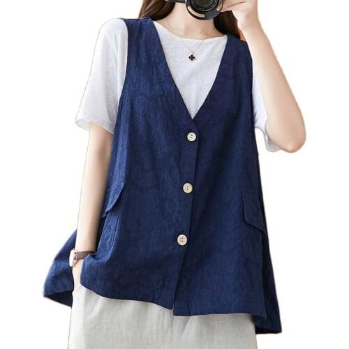 Summer New Womens Vest V-Neck Single-Breasted Sleeveless Jacket Elegant Thin Cotton Linen Waistcoat Coat Female Tops All-Match