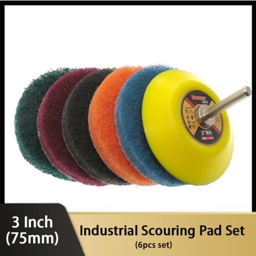 6PCS set 3 Inch Industrial Scouring Pad Power Scrub Pads for Drill Car Bathroom Cleaning Polish Self-adhesive Disc Hook & Loop