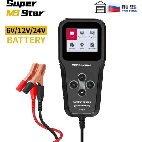 BM520 Car Battery Analyzer 6V 12V 24V Reversible Access Clips Automotove Motorcycle Truck Voltage Check Charging Load Tester