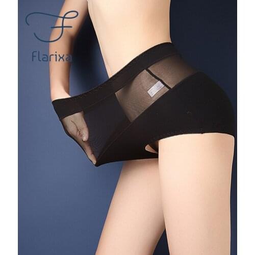 Flarixa Womens Panties sexy Lace Mesh Gauze Seamless High Waist Ladie Thong Cotton Briefs Large Size Transparent Sexy Underwear