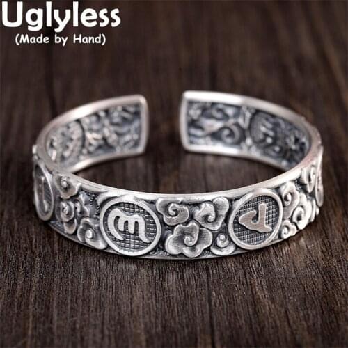 Uglyless 14MM Wide Lucky Clouds Bangles Women Real 999 Pure Silver Bangles 6 Words Mantra Buddhism Jewelry for Female Buddhists