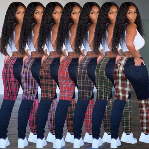TNNAOFF Splicing Plaid Pants for Women Fashion High Waist Skinny Elastic Sweatpants Joggers Lounge Wear Straight LegTrousers