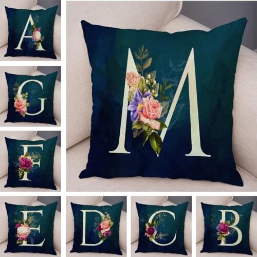 English Flower Dark Blue Letter Print Pillow Case for Sofa Home Decor Floral A-Z Cushion Cover Soft Plush Pillowcase 45*45cm