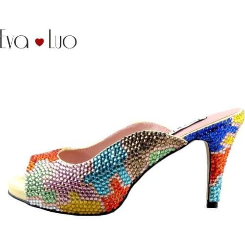 CHS1010 Custom Made Mixed Colors Crystal High Heel Women Slippers Dress Shoes Bridal Wedding Shoes