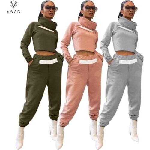 VAZN 2021 Autumn Plus Size High-end Free Tracksuits Young Turtleneck Full Sleeve Long Pants Slim 2PCs Set Women Suits