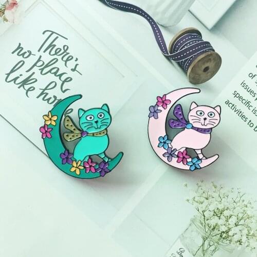 New fashion cartoon moon flower cat metal brooch cute funny cat badge brooch childrens clothing accessories accessories gifts